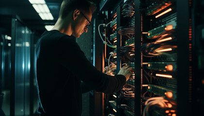 Person work at server room data center