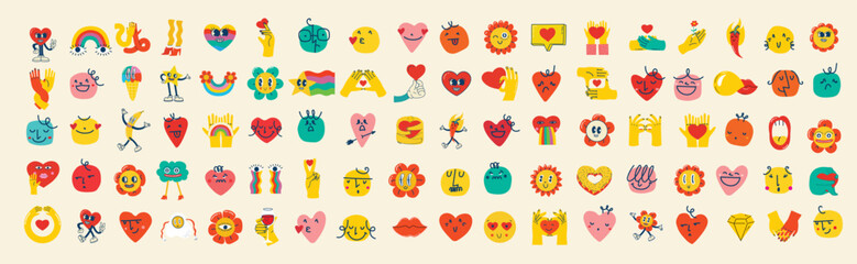 Groovy hippie love sticker set. Heart funny cartoon character different pose. Happy valentine's day concept. Trendy retro 60s 70s style emoji. Y2K aesthetic. Vector illustration. - 681443281