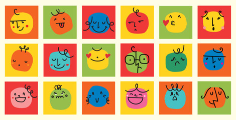 Obraz premium Abstract comic Faces with various Emotions. Crayon drawing style. Different colorful characters in cartoon style and Flat design. Hand drawn Emoji Vector illustration.