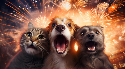 Animals Pets scared of fireworks - Panic and stress on New Year - obrazy, fototapety, plakaty
