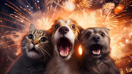 Foto op Aluminium Animals Pets scared of fireworks - Panic and stress on New Year © AIdeacrafts