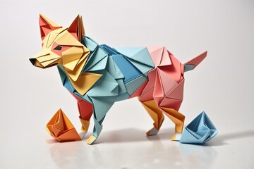 A Dog origami style folded paper effect, colorful, white background, Japanese paper art.