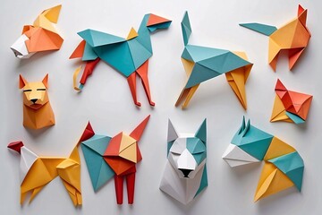 A Dog origami style folded paper effect, colorful, white background, Japanese paper art. - obrazy, fototapety, plakaty