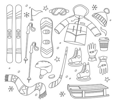 Winter sports equipment for extreme snow activities black-and-white doodles isolated set