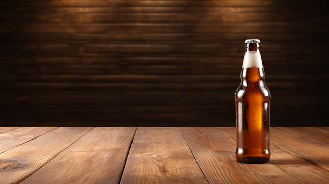 A bottle of beer placed on a wooden table. Suitable