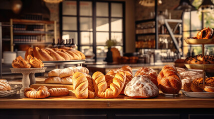 A counter with breads and pastries on it