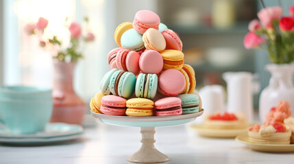 A tower of macaroons on a plate on a table