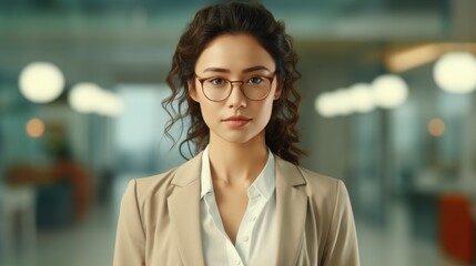 Obraz premium A woman wearing glasses standing in a hallway