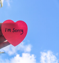 The word sorry written on a pink sticky note in the shape of a heart isolated on a blue sky...