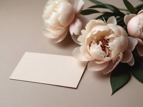 Blank greeting card with space for text and cream peonies close-up.