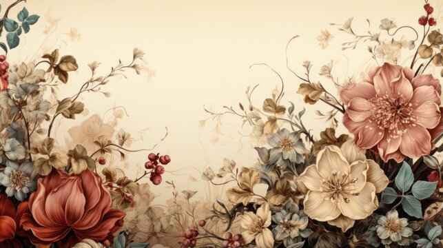 A retro painting of flowers and leaves on a white background