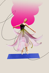 Vertical collage image of gracious ballerina girl dancing big lily flower instead skirt isolated on painted background