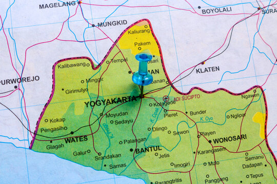 Pin on Map with focus on the city of Yogyakarta, Indonesia. Close up Map of Indonesia with pin in Yogyakarta.