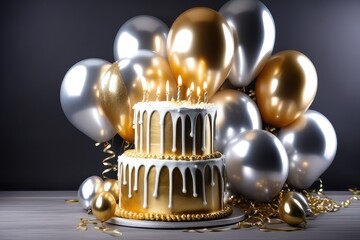Birthday cake with candles, gold silver balloons and ribbons on grey background