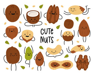 Cute nuts happy flat cartoon characters smiling, meditating, jumping, waving hands isolated set