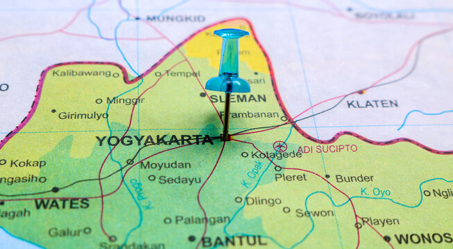 Pin on Map with focus on the city of Yogyakarta, Indonesia. Close up Map of Indonesia with pin in Yogyakarta.