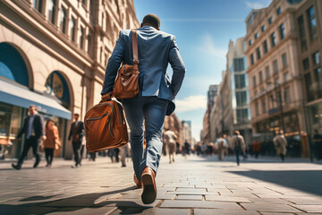 A man walking down a street carrying a brown bag rushes to work. Backside view. - obrazy, fototapety, plakaty