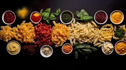 Foto op Canvas colorful pasta selection with fresh herbs and gourmet sauces © MariahPasha