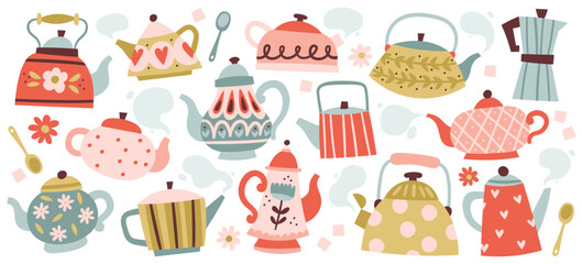 Different hand drawn porcelain, faience, ceramic teapots and metal cezve pot vector illustration - obrazy, fototapety, plakaty