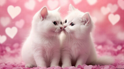 Two white fluffy cats in love are sitting next to each other on a pink background with hearts