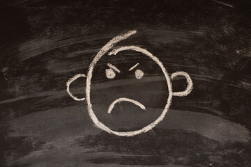 Sad, angry emoticon with protruding ears drawn with chalk on blackboard.