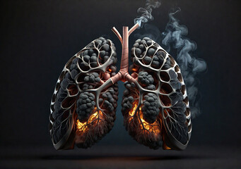 Human lungs with fire and smoke on black background. 3d illustration. medical concept - obrazy, fototapety, plakaty