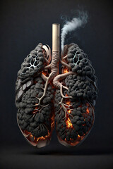Human lungs of a smoker with smoke and ash on a dark background. 3d illustration - obrazy, fototapety, plakaty