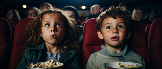 Child boy and girl watching a movie and eating popcorn in a cinema. Brother and sister sitting and eating popcorn. Joyful family in the cinema watching an exciting movie. Generative ai - obrazy, fototapety, plakaty