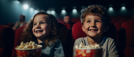 Obraz na płótnie Canvas Child boy and girl watching a movie and eating popcorn in a cinema. Brother and sister sitting and eating popcorn. Joyful family in the cinema watching an exciting movie. Generative ai