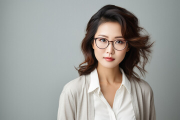 Beautiful young asian woman in eyeglasses isolated on grey.