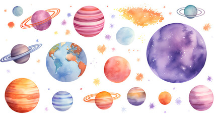 Watercolor planets, solar system illustration set isolated on white background