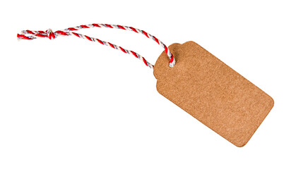 Craft paper tag with striped red and white twine isolated on a transparent background