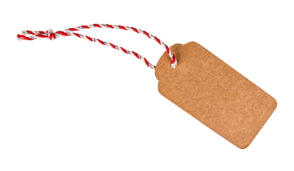 Craft paper tag with striped red and white twine isolated on a transparent background