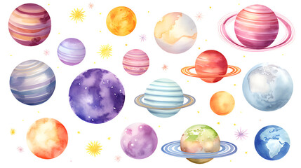 Watercolor planets, solar system illustration set isolated on white background