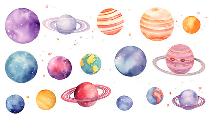 Watercolor planets, solar system illustration set isolated on white background