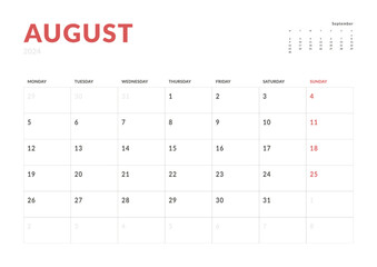 Monthly page Calendar Planner Templates of August 2024. Vector layout of simple calendar with week start Monday for print. Page for size A4 or 21x29.7 cm