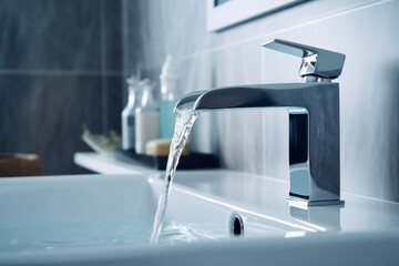 Modern chrome faucet with water cascade in bathroom - obrazy, fototapety, plakaty
