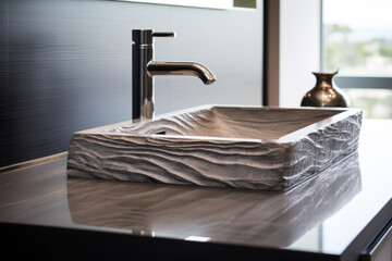Streamlined bathroom sink with running water and towel