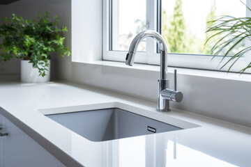 Sleek modern kitchen sink with faucet and greenery
