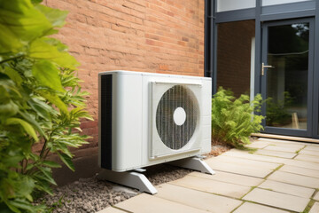 Residential heat pump on patio with brick wall backdrop