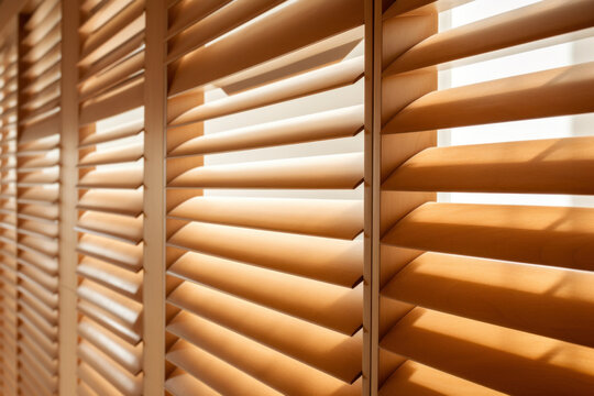 Close-up of wooden window shutters with sunlight