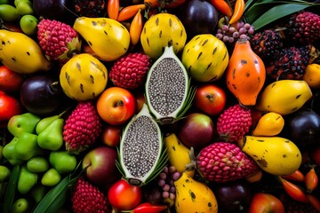 Vibrant assortment of tropical fruits close-up - obrazy, fototapety, plakaty