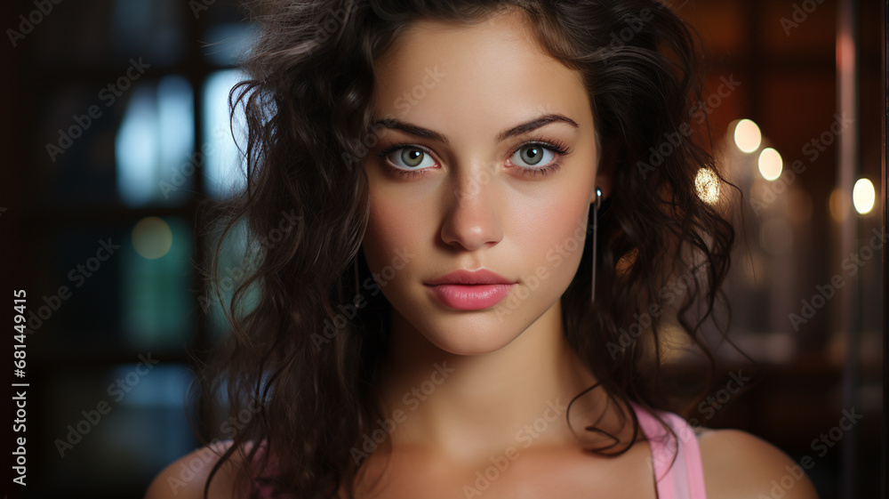 Wall mural portrait of young woman with curly hair.