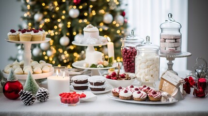 Obraz na płótnie Canvas festive christmas dessert table with lights and holiday treats