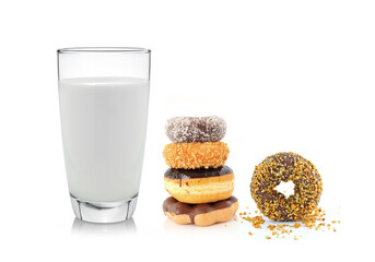 glass of milk and donut isolated on white background