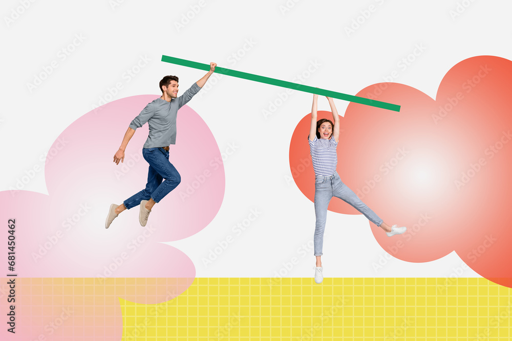 Sticker Sketch banner 3d collage of two people going jumping up working together carrying stick isolated on creative background