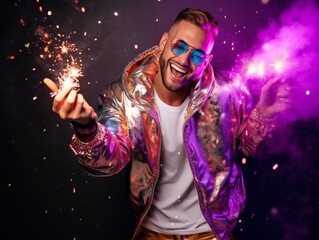 Fototapeta premium Young pretty man dressed in sequined jacket having fun on New Year party, happy guy dancing and laughing with sparkles and confetti, purple and cold colors