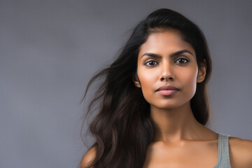 Portrait of a beautiful indian woman looking at camera on grey background.