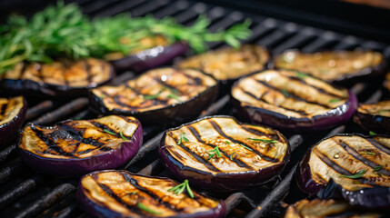 A close up view of a grill with grilled eggplant.