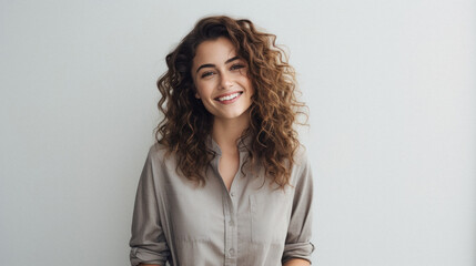 Fototapeta premium Portrait of beautiful young woman with curly hair looking at camera and smiling.
